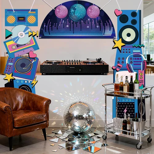 Miniatura 5 de Telón de fondo de discoteca para decoración de fiesta de cumpleaños, regreso a los años 80, 90, retro, para porche, radio, boombox, cabina de fotos
