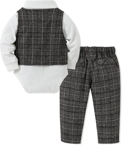 Miniatura 5 de DISAUR Ropa para bebé niño pequeño, 4 piezas de vestido de caballero + chaleco + pantalones + corbata de lazo conjunto de traje de algodón