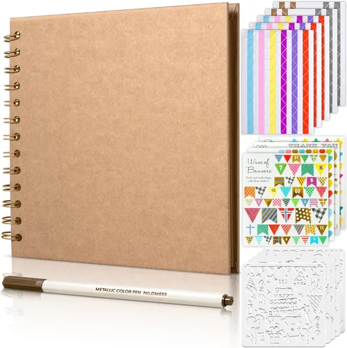 Miniatura 10 de GOTIDEAL Álbum de recortes de 12 x 12 pulgadas con 10 marcadores metálicos, 80 páginas de papel artesanal para bodas y aniversarios, álbum de fotos