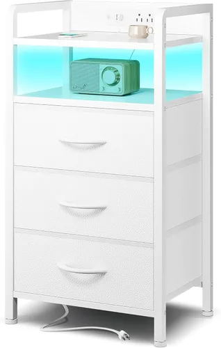 Miniatura 10 de Lazzanto Mesita de noche para dormitorio, mesita de noche con estación de carga y tira de luz LED, mesita de noche con estante de almacenamiento y 2
