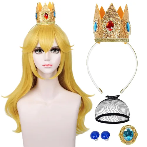 LABEAUTÉ Aldult - Peluca rubia de princesa para mujer con corona, broche + clip para la oreja + gorra, juego de 5 piezas de peluca dorada larga