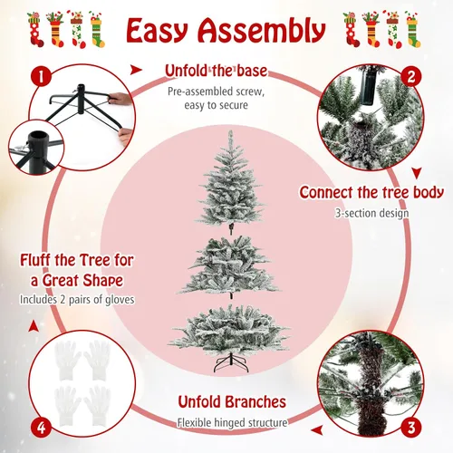 Miniatura 4 de DORTALA Árbol de Navidad flocado preiluminado de 6 pies, árbol de Navidad artificial con bisagras con 500 luces LED blancas frías, control remoto, 3