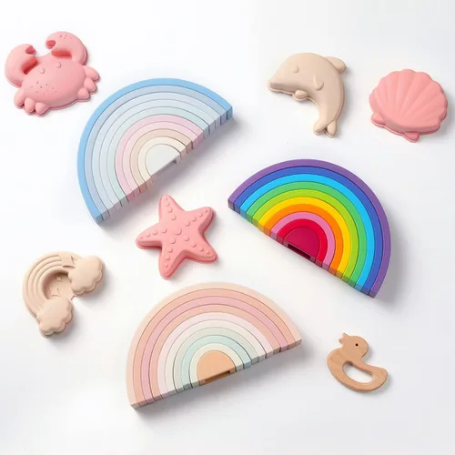 Miniatura 5 de MCGMITT Juguete apilable de arcoíris, apilador de arcoíris de silicona para niños pequeños, bloques de anidación Montessori, juego de juguetes a