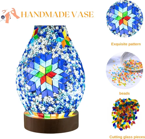 Miniatura 3 de Lámpara de mesa turca marroquí con mosaico, jarrón de vidrio hecho a mano con base de madera, iluminación decorativa para dormitorio, sala de estar