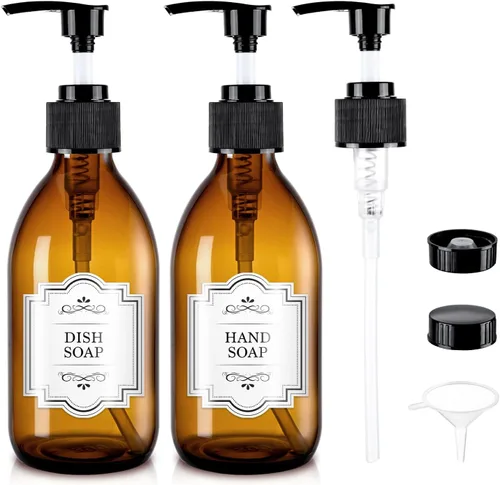 Botella de bomba de vidrio ámbar de 8 onzas, botella dispensadora de jabón de vidrio de 8.5 fl oz para aceite de masaje de loción corporal,