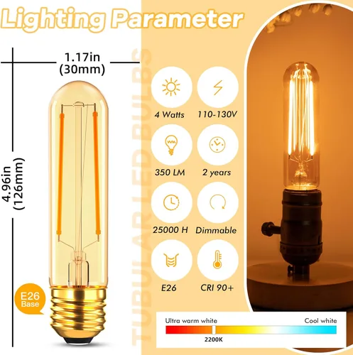 Miniatura 2 de Bombillas tubulares regulables E26 de 40 W, bombillas LED T10 de 4 W, 2200 K, blanco suave tipo T Bulbo sin parpadeo, para lámpara de araña