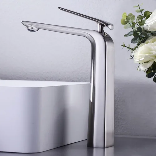 TOCALOCA Grifo de lavabo alto, grifo mezclador de latón de alta calidad, níquel cepillado de una sola manija, 1 agujero, moderno comercial