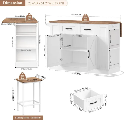 Miniatura 7 de Keyluv Isla de almacenamiento de cocina con 2 taburetes, carrito de cocina móvil de 51.2 pulgadas con hoja de caída y toma de corriente, mesa