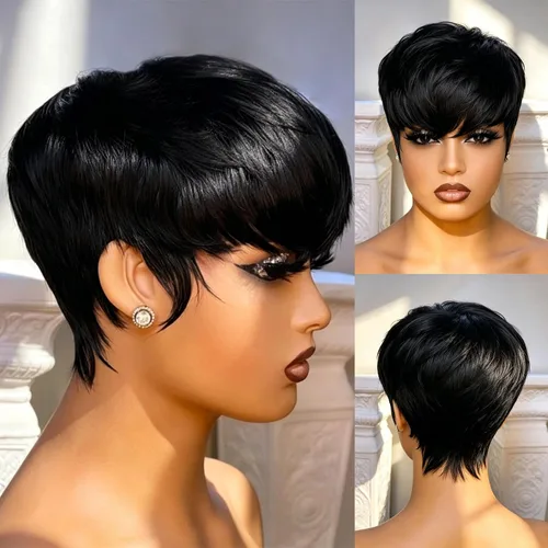 Miniatura 14 de YJOQOKOA Peluca corta de corte Pixie para mujeres negras, peluca de cabello humano lacio negro natural, peluca estilo Bob, pelucas cortas en capas