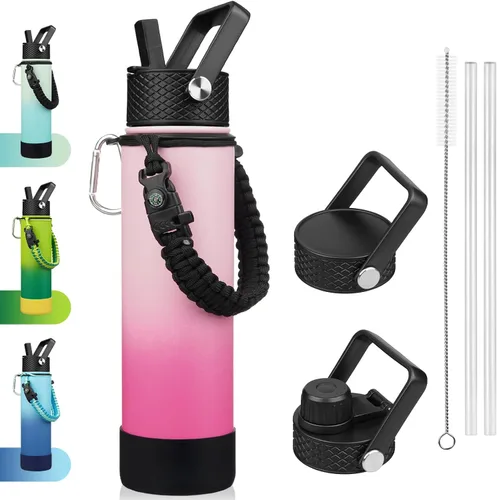 Miniatura 34 de BJPKPK - Botella de agua con tapa de popote, botellas de agua aisladas de 18 onzas con 3 tapas, asa de cuerda de paracaídas y base antideslizante