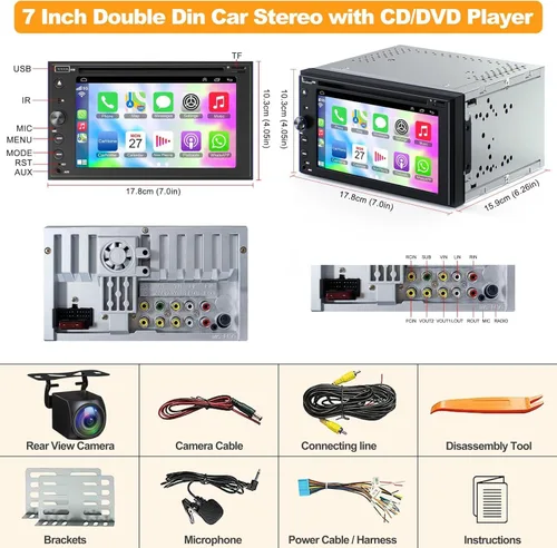 Miniatura 7 de Estéreo de coche de doble DIN con reproductor de CD/DVD, estéreo de automóvil con pantalla táctil de 7 pulgadas con Apple CarPlay y Android Auto