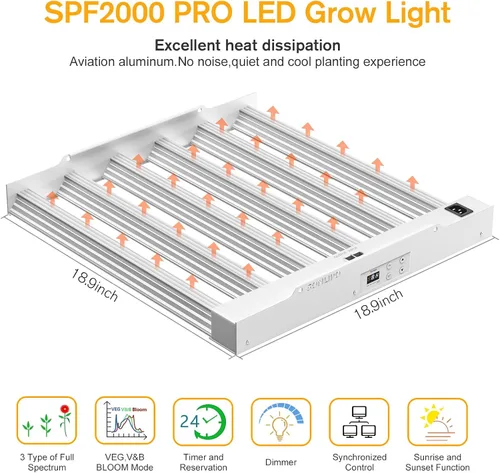 Miniatura 5 de 2024 Nuevo SPF2000 PRO Luz LED de 200W para Cultivo 3x3 pies de Cobertura con Temporizador y Atenuador para Plantas de Interior en Fase Vegetativa