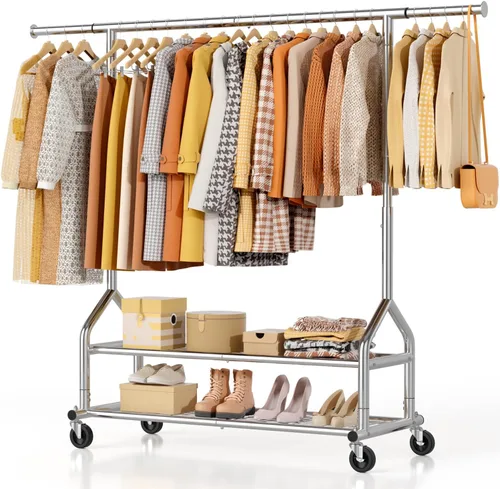 Miniatura 8 de EAGMAK Perchero de ropa resistente con capacidad de carga de 192 kg, perchero enrollable con estantes, colgador de ropa ajustable de metal