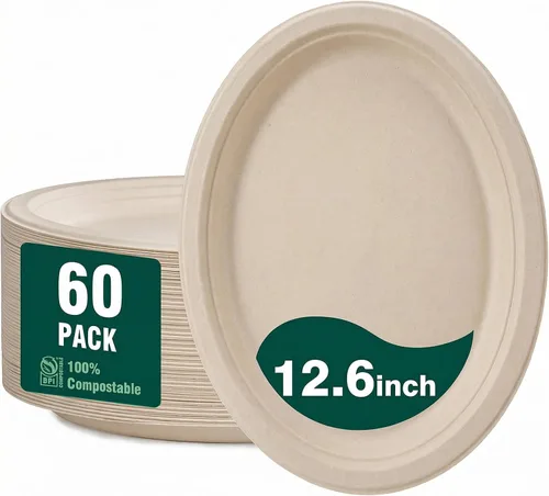 Miniatura 10 de DaYammi Platos de papel 100 % compostables de 9 pulgadas, paquete de 60 platos de papel resistentes a granel, bagazo biodegradable, plato desechable