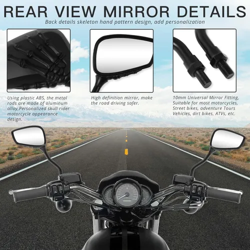 Miniatura 4 de DREAMIZER Espejos de motocicleta Black Skull para manillar – Espejos laterales retrovisores de 0.315 in y 0.394 in para Shadow Spirit 750 Aero Grom