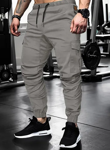 Miniatura 5 de JMIERR Pantalones cargo de moda para hombre, casuales, de algodón, elásticos, de sarga con cordón, pantalones deportivos con 6 bolsillos