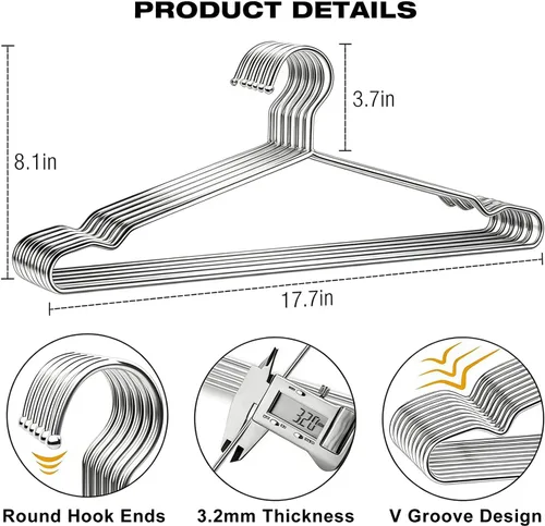 Miniatura 2 de Paquete de 40 perchas de metal de 17.7 pulgadas, perchas de alambre resistentes con muesca antideslizante, fuerte gancho de ropa de acero inoxidable