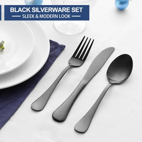 Miniatura 5 de E-far Juego de cubiertos negros de 24 piezas con cuchillos para carne, cubiertos de acero inoxidable para 4, modernos juegos de utensilios de metal