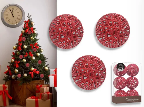 Miniatura 3 de Christmas Traditions Adornos de bola de Navidad de ratán rojo con purpurina de 4 pulgadas, decoración de árbol (juego de 6) (rojo navideño)