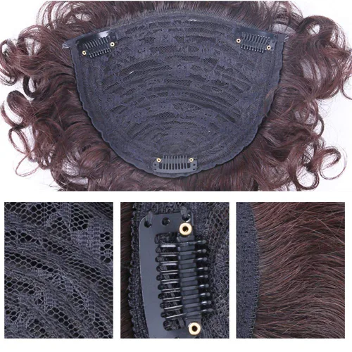Miniatura 6 de Peluca de pelo corto y rizado para cabello fino, extensiones de cabello humano Remy real, parte superior de tupé, para mujeres, 4.7x4.7 in, marrón
