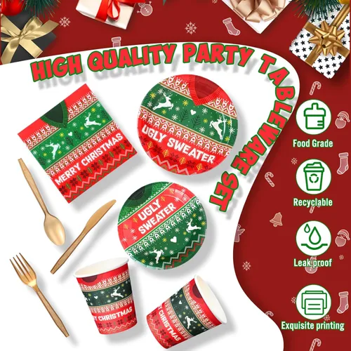 Miniatura 3 de Yaomiao Juego de 180 piezas de suministros de fiesta de suéter feo de Navidad, platos de papel desechables y servilletas, tazas para 30 decoración