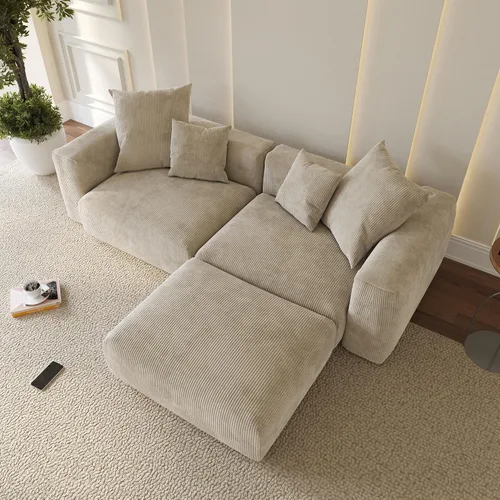 Miniatura 3 de WJShome Cloud Couch Sofá Seccional Modular, Sofá en Forma de L de 102 pulgadas con Otomana, Sofá de Pana Beige de 3 Asientos, Sofá Seccional