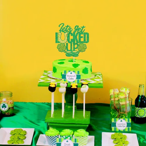 Miniatura 6 de Juego de 1 palillos para tartas de trébol, decoración de trébol con purpurina verde dorada para cumpleaños, baby shower, suministros de fiesta