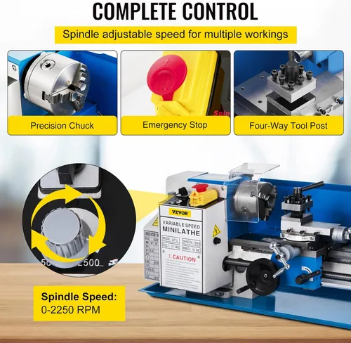 Miniatura 6 de VEVOR Torno de metal 7"x12", mini torno de mesa de precisión, 550W, velocidad variable de 50 a 2500 RPM, engranaje de nylon, lámpara móvil
