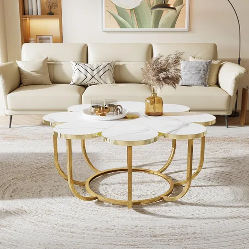 Miniatura 3 de Tribesigns Mesa de centro blanca y dorada, pieza central moderna de 39.37 pulgadas con mesa de mármol sintético en forma de flor y marco de metal