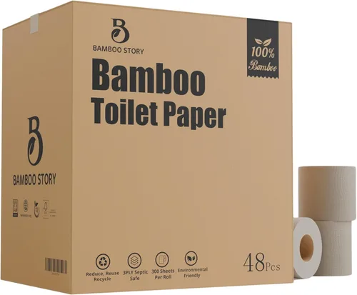 Miniatura 8 de Bamboo Story, Papel higiénico de bambú sin blanquear, 12 rollos, 3 capas y 300 hojas de papel higiénico de bambú, certificado FSC, biodegradable
