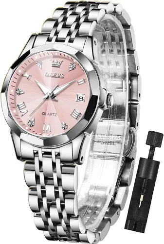 Miniatura 14 de OLEVS - Reloj de mujer de moda, reloj de vestir con diamantes, para mujer, analógico, de cuarzo, acero inoxidable, impermeable, luminoso, con fecha