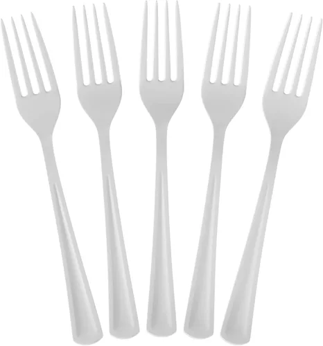 Exquisite Tenedores de plástico blanco, 50 piezas, tenedores blancos, utensilios desechables, juego de cubiertos de plástico resistente, juegos de