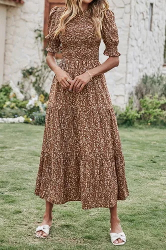 Miniatura 119 de BTFBM Vestidos para mujer, cuello redondo, casual, de verano, con volantes, manga corta, bohemio, con niveles, fruncido, largo, con estampado floral