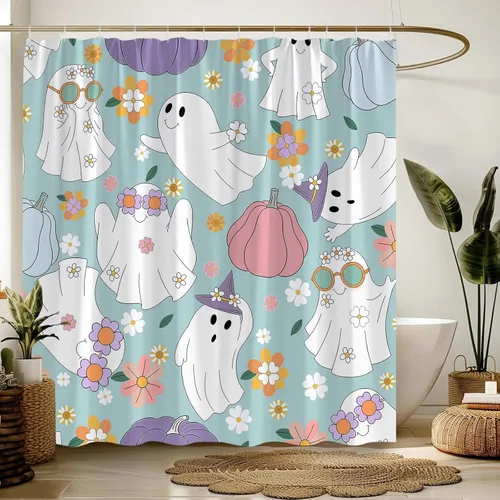 Miniatura 3 de Halloween Ghost Shower Curtain Spooky Cute 70s Retro Hippie Daisy Funny Bathroom Decor Curtain with Hooks,Blue White