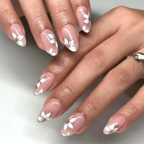 Miniatura 9 de Uñas postizas medianas a presión de almendra, con lazo 3D, perlas y diamantes de imitación, diseños de flores, uñas adhesivas, uñas acrílicas