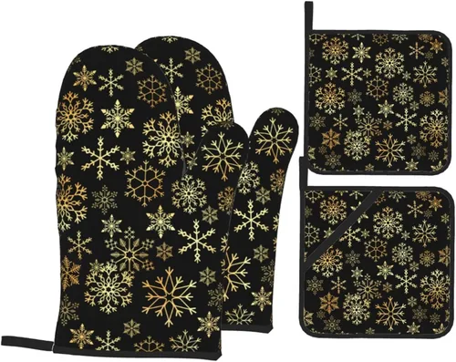 Miniatura 15 de Juego de 2 guantes de horno rojos de copos de nieve de Navidad y agarradera, adecuados para barbacoas, hornear, cocinar, microondas