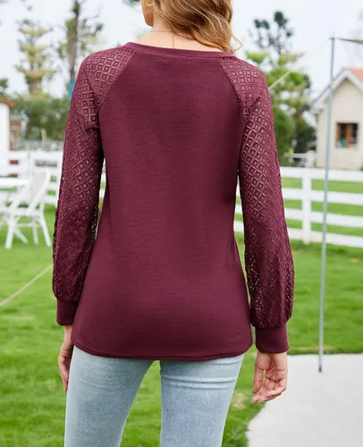 Miniatura 3 de MINTLIMIT Blusa de manga larga con encaje para mujer, estilo informal, elegante, de verano, holgada, de punto, cuello en V, sin botones