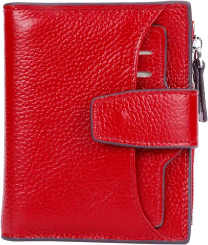 Miniatura 25 de Cartera de cuero con bloqueo RFID para mujer, pequeña, compacta, doble cremallera, con ventana para identificación