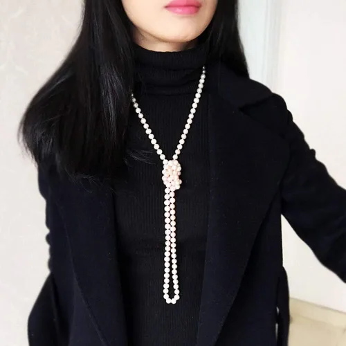 Miniatura 3 de JKJF Collar de perlas de los años 20, collar largo de perlas de imitación de moda, collar largo de cuentas de aleta, collar retro para mujeres
