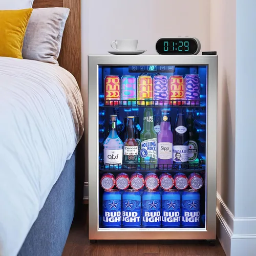 Miniatura 5 de Manastin Refrigerador de bebidas, mini refrigerador independiente con puerta de vidrio, estantes ajustables y pantalla digital de temperatura