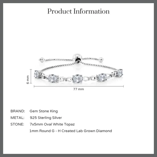 Miniatura 111 de Gem Stone King Pulsera de tenis de diamantes cultivados en laboratorio con piedra natal de 3-6 quilates para mujer, plata de ley 925, ovalada