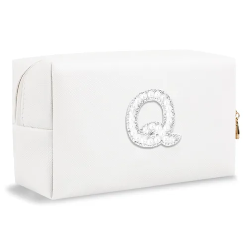Miniatura 19 de Pequeña bolsa de maquillaje personalizada con inicial A-Z Preppy Patch, bolsa de cosméticos de viaje de felpilla blanca con cremallera, bonita bolsa