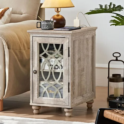 Miniatura 15 de Joaxswe Mesa auxiliar estrecha con puerta de cristal, mesita de noche de 18 x 14 pulgadas con estante ajustable, organizador de gabinete