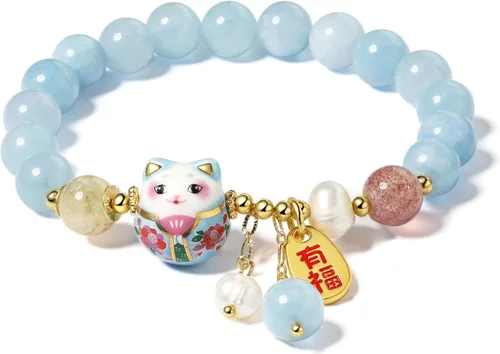 Miniatura 6 de Pulsera de gato de la suerte con cristal azul, colgante de gato de cerámica, joyería de buena suerte Feng Shui para mujer, pulsera de riqueza