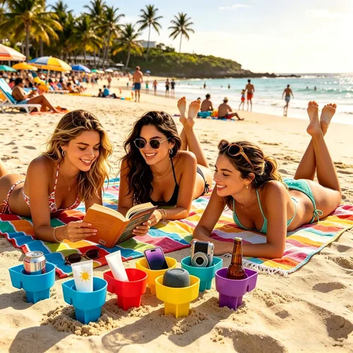 Miniatura 7 de Home Queen Portavasos de playa con bolsillo, portavasos de arena multifuncional para teléfono de bebidas, accesorio de playa, posavasos de arena
