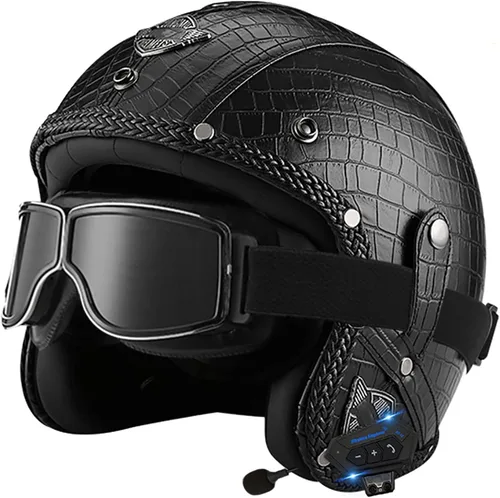 Miniatura 12 de Casco retro de motocicleta con Bluetooth, casco de cuero Jet con gafas personalizadas, medio casco de motocicleta 3/4 aprobado por DOT, casco