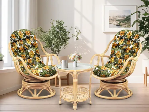 Miniatura 17 de Juego de 2 mecedoras giratorias Bali Lounge con cojín floral y mesa de centro redonda Pelangi, mimbre de ratán natural, hecho a mano, color colonial