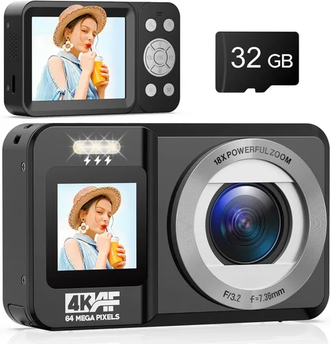 Cámara digital, cámara de doble pantalla 4K 64MP UHD, zoom digital 18X, cámara portátil de apuntar y disparar con tarjeta TF de 32 GB y batería,