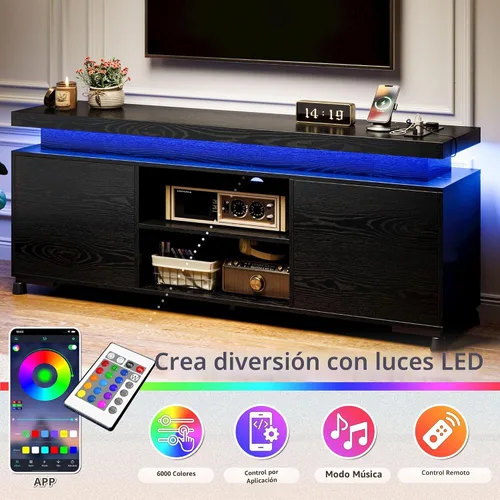Miniatura 6 de IRONCK Soporte de TV para TV de 65 pulgadas, consola de TV con luces LED y toma de corriente, centro de entretenimiento con armarios y estantes