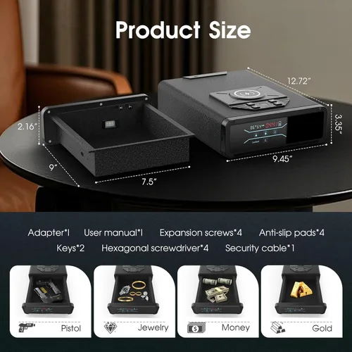 Miniatura 7 de Caja fuerte para pistola de pistola, biométrica de acceso rápido con carga inalámbrica para reloj y teléfono, teclado de huellas dactilares 3 en 1